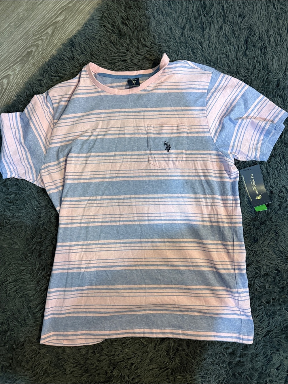 Polo by Ralph Lauren Pink and Light Blue Striped Pocket Tee